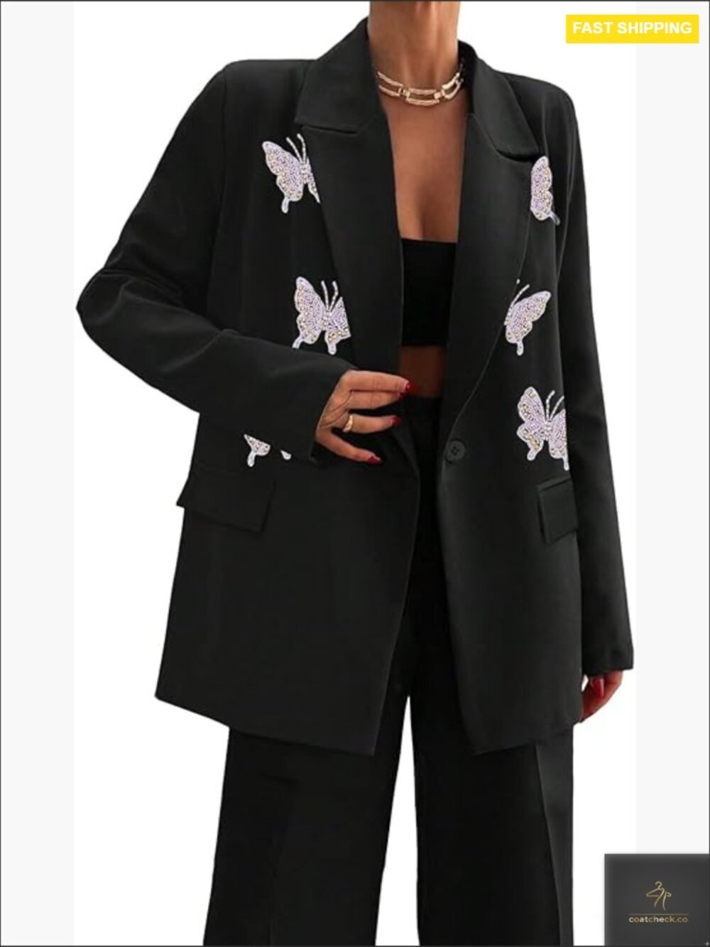 Notch Collar Blazer Business Casual Office Jacket Butterfly Appliques Elegant